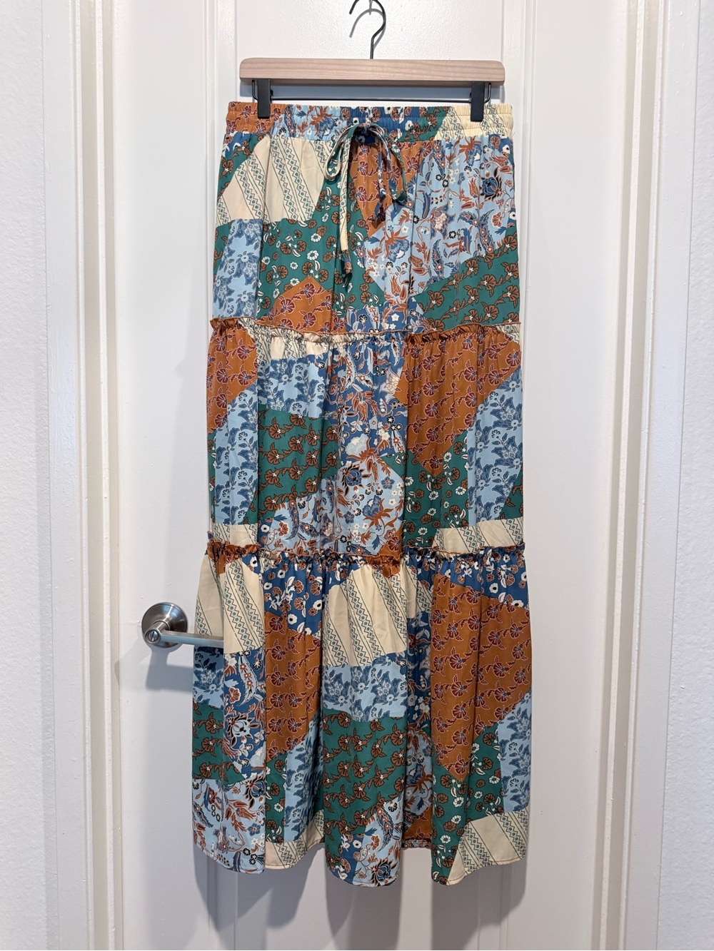 Amazon Boho Patchwork Tiered Maxi Skirt - Green, Blue, Brown, Cream